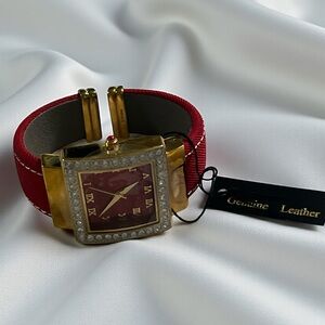Joan Rivers Red and Gold Square Watch with Leather Band